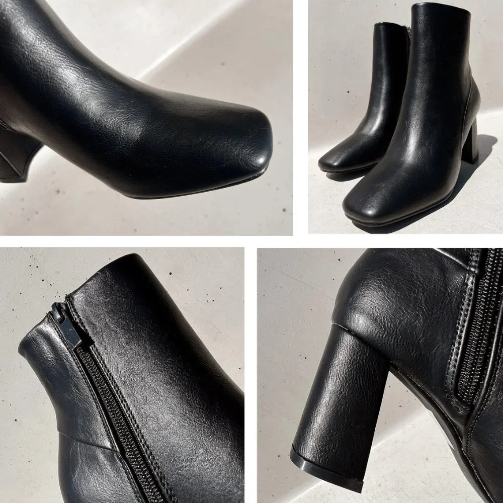 NEW Black Faux Leather Sleek Slim Square Toe Block Heel Ankle Boots Bootie Shoes - Picture 10 of 13